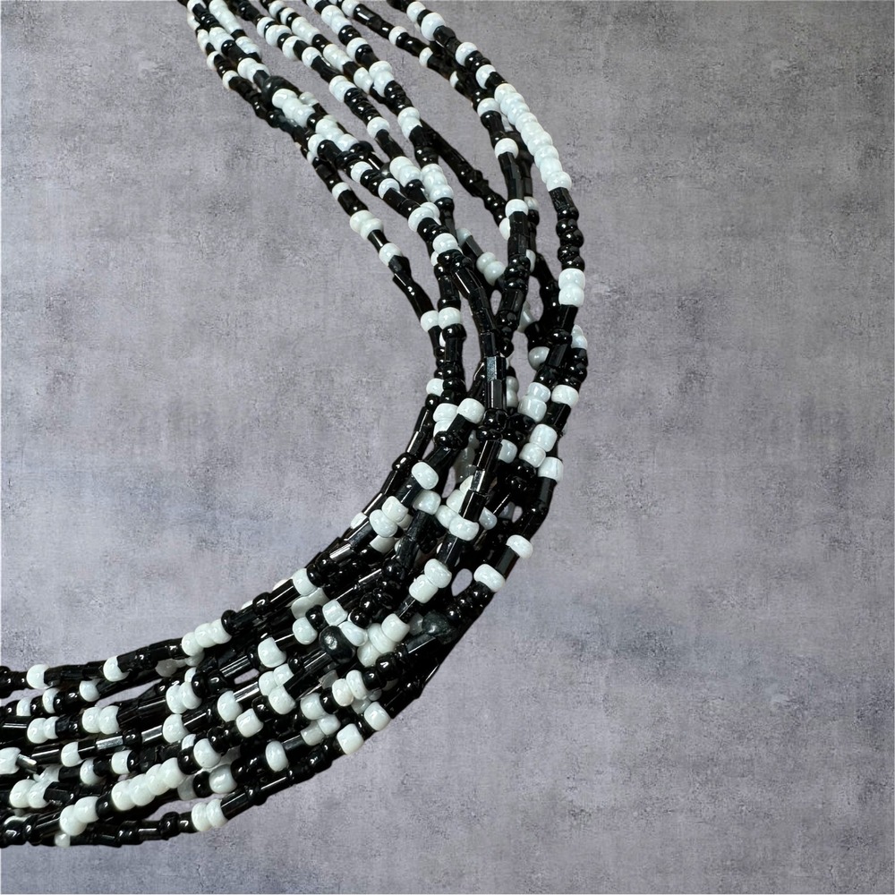 Multi Strand Necklace Black/White Seed Beaded Layered - Picture 4 of 5